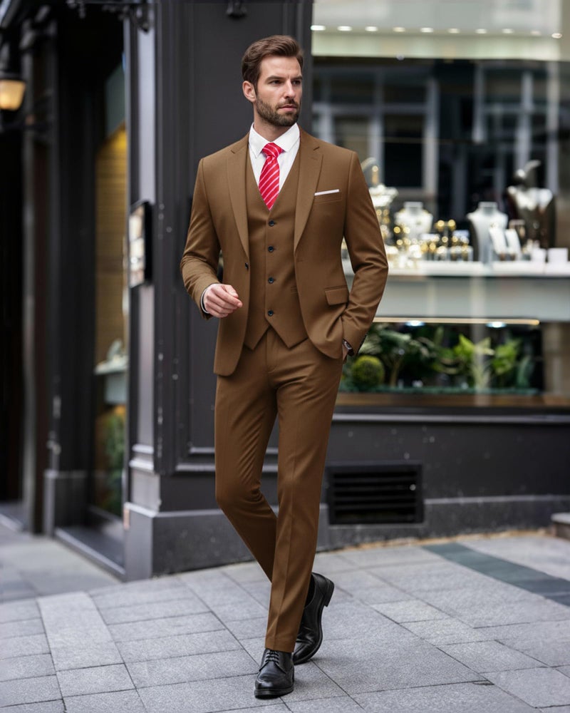 EastSide Men's Slim Fit 3 Pieces , One Button Sets Vest Pants Coat Suit, Khaki, X-Large - Image 3